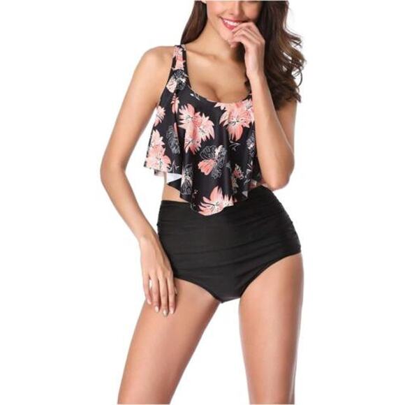 Duostick floral print black 2 piece swim set ruffles size L NWT - Picture 2 of 4